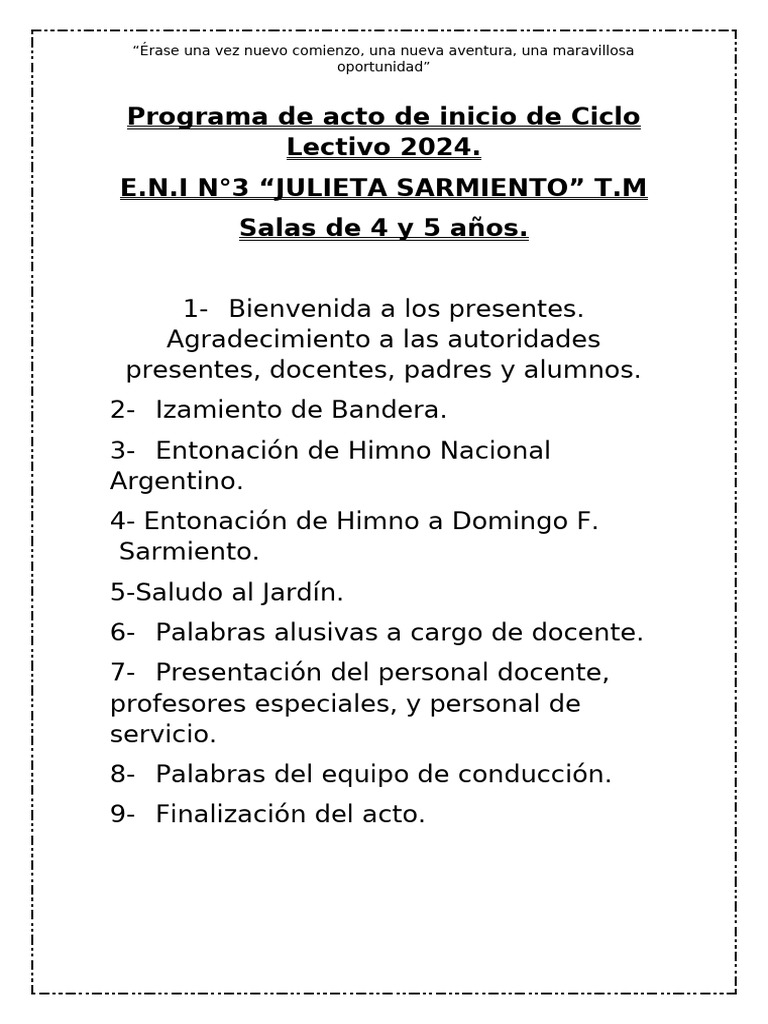 Acto de Inicio Ciclo Lectivo 2024 E.N.I. 3 | PDF | Himnos