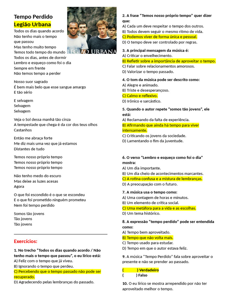 Tempo Perdido (Legião Urbana) Atividade - 9ano (GABARITO) | PDF | Tempo, image size:768x1024