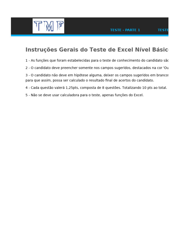 Instruções para Teste de Excel Básico | PDF
