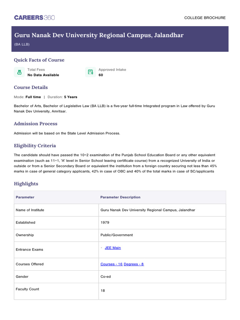 GNDU Jalandhar: BA LLB Program Details | PDF | University And College ...