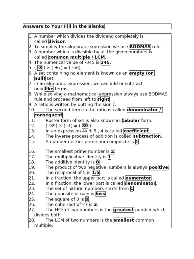 Maths Fill in the Blanks Answers | PDF