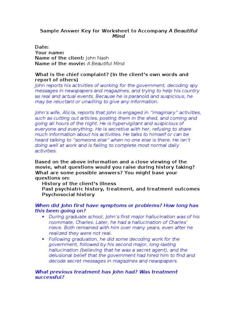 Sample Answer Key For Worksheet To Accompany A Beautiful Mind Antipsychotic Psychosis