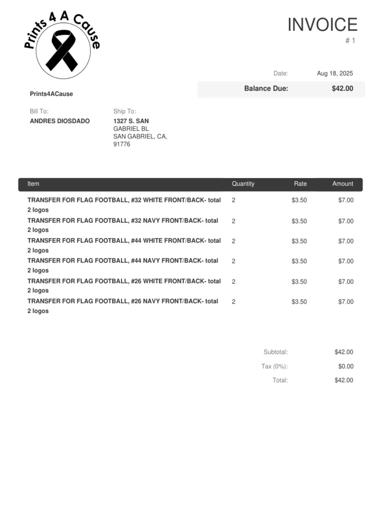 Invoice for Flag Football Transfers | PDF