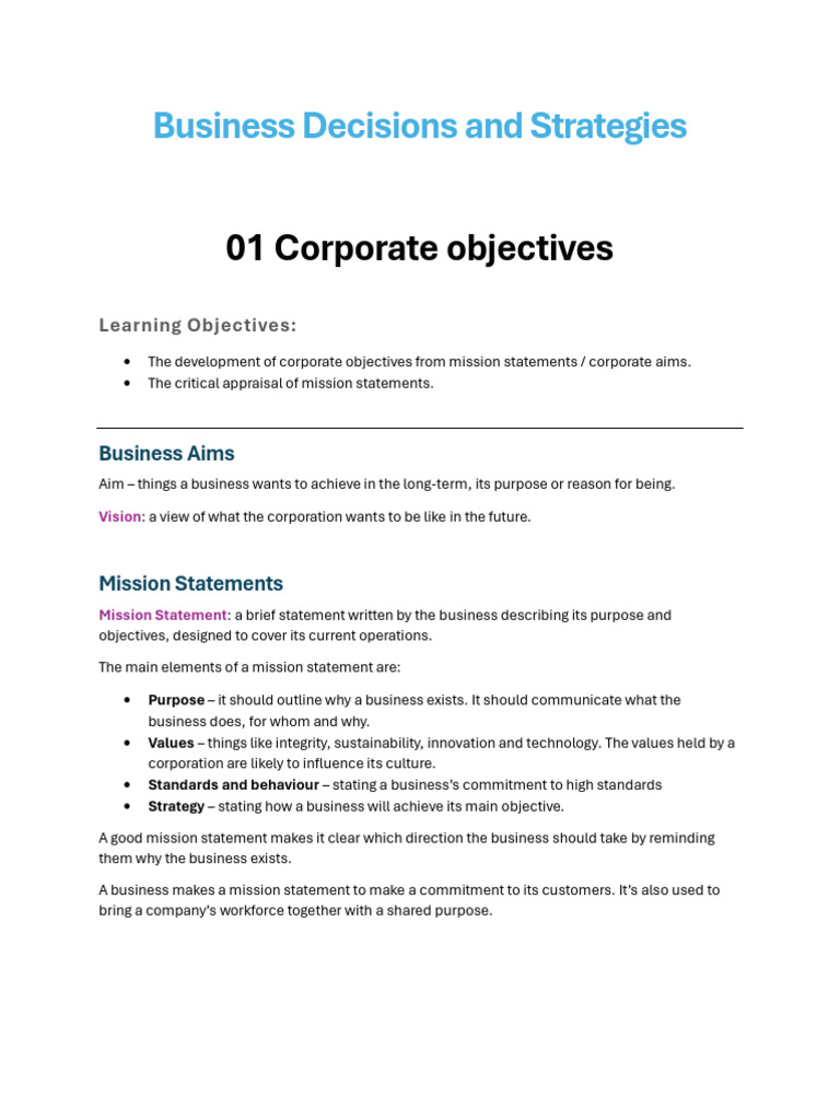 Corporate Objectives and Strategies Guide | PDF | Mergers And ...