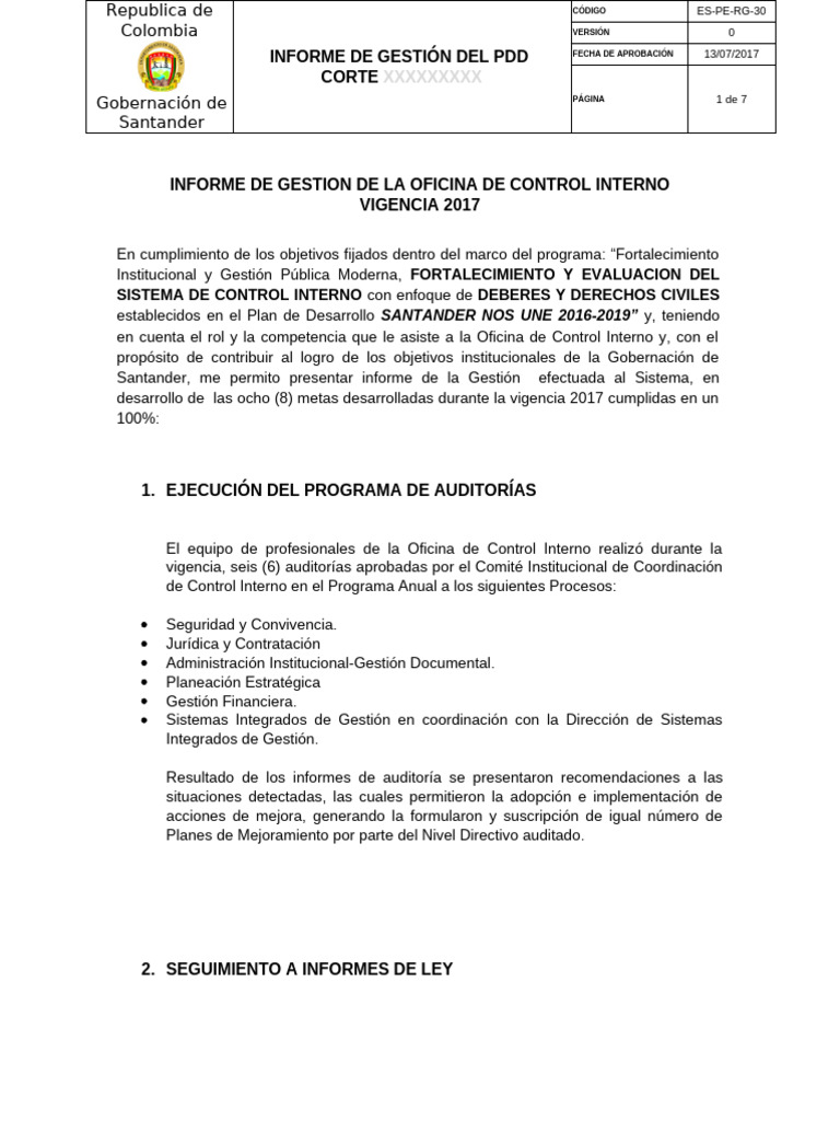 Informe de Gestion Control Interno 2017 para Asamblea Departamental ...