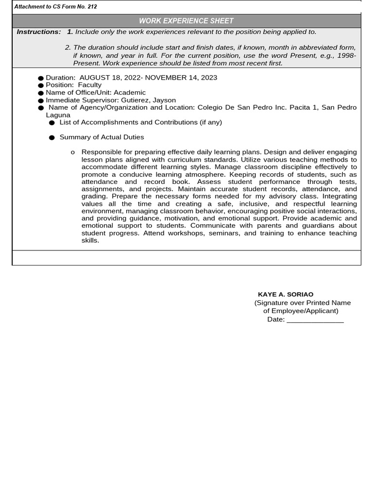 Faculty Work Experience Sheet | PDF | Learning | Human Communication