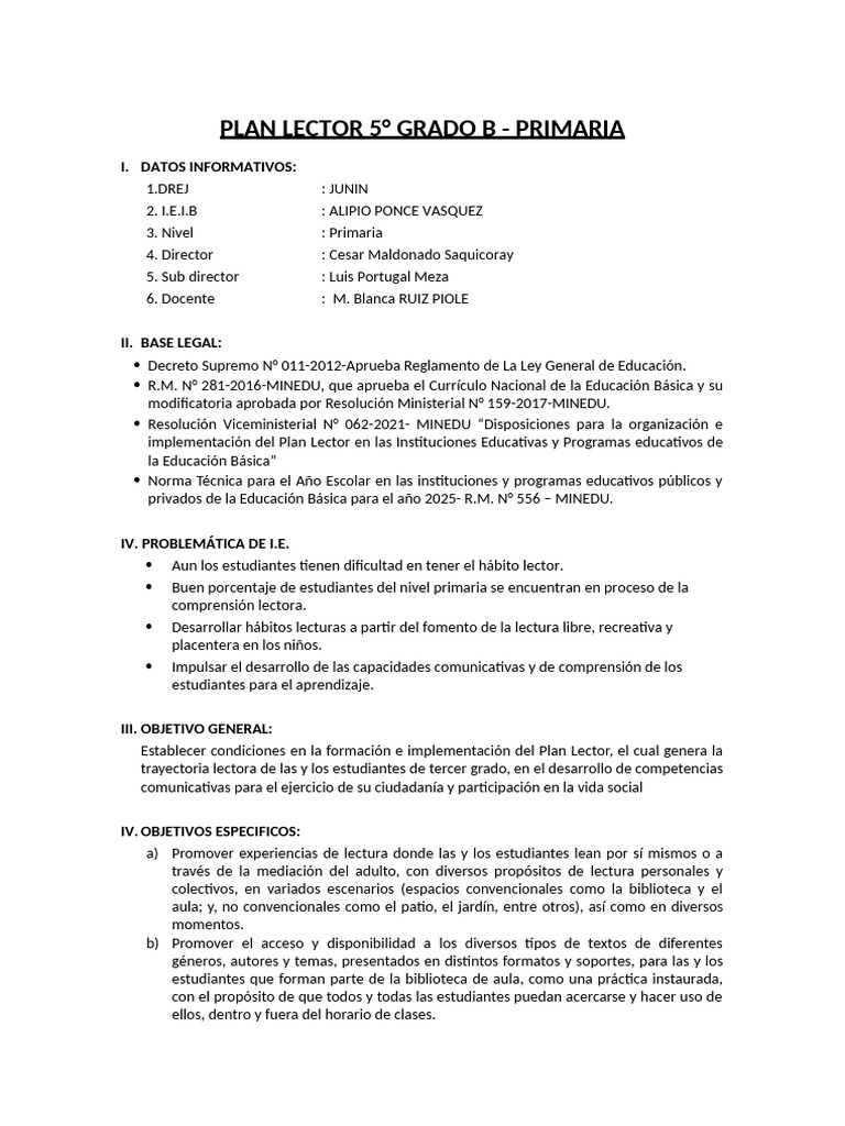 Plan Lector para 5° Grado de Primaria | PDF | Educación primaria ...