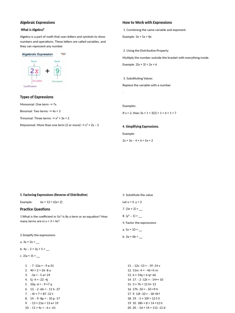 Grade 8 Algebraic Expressions Guide | PDF | Algebra | Factorization