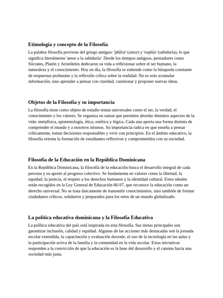 Informe Filosofia Educacion RD 2paginas | PDF | Pensamiento | Sabiduría