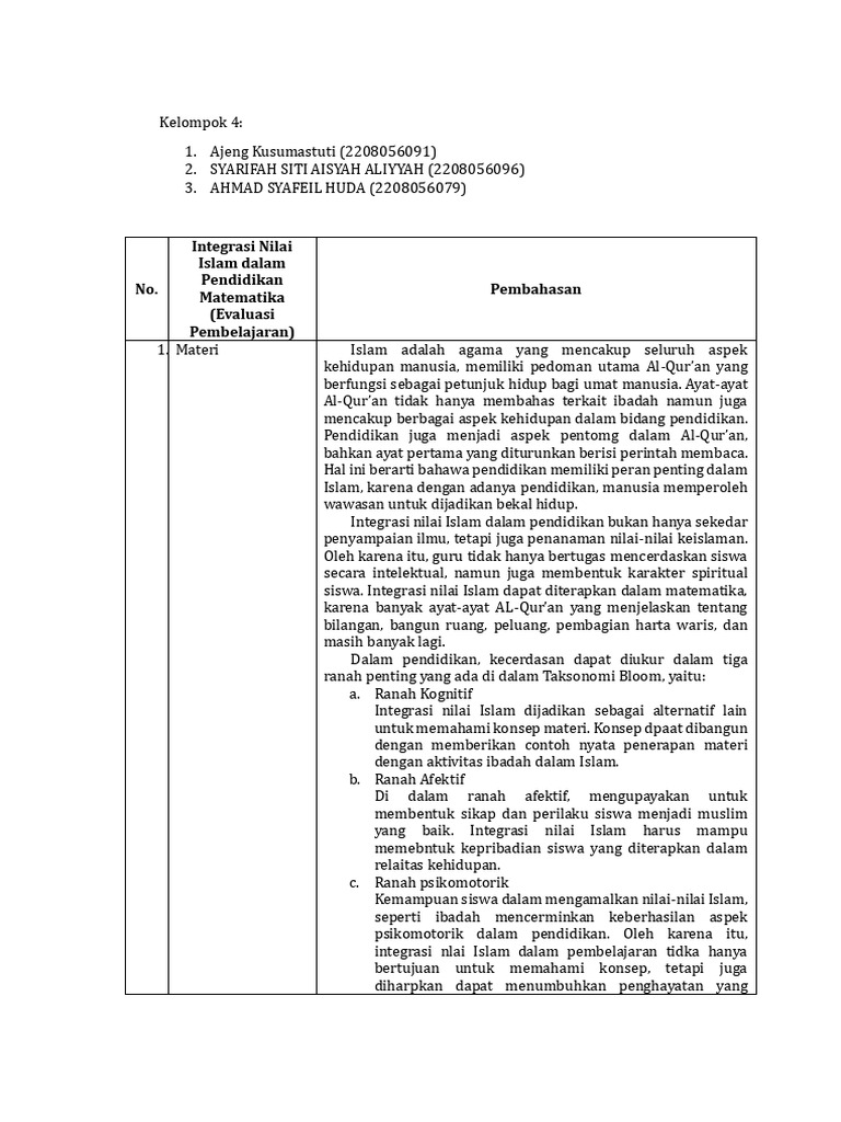 Integrasi Nilai Islam dalam Matematika | PDF
