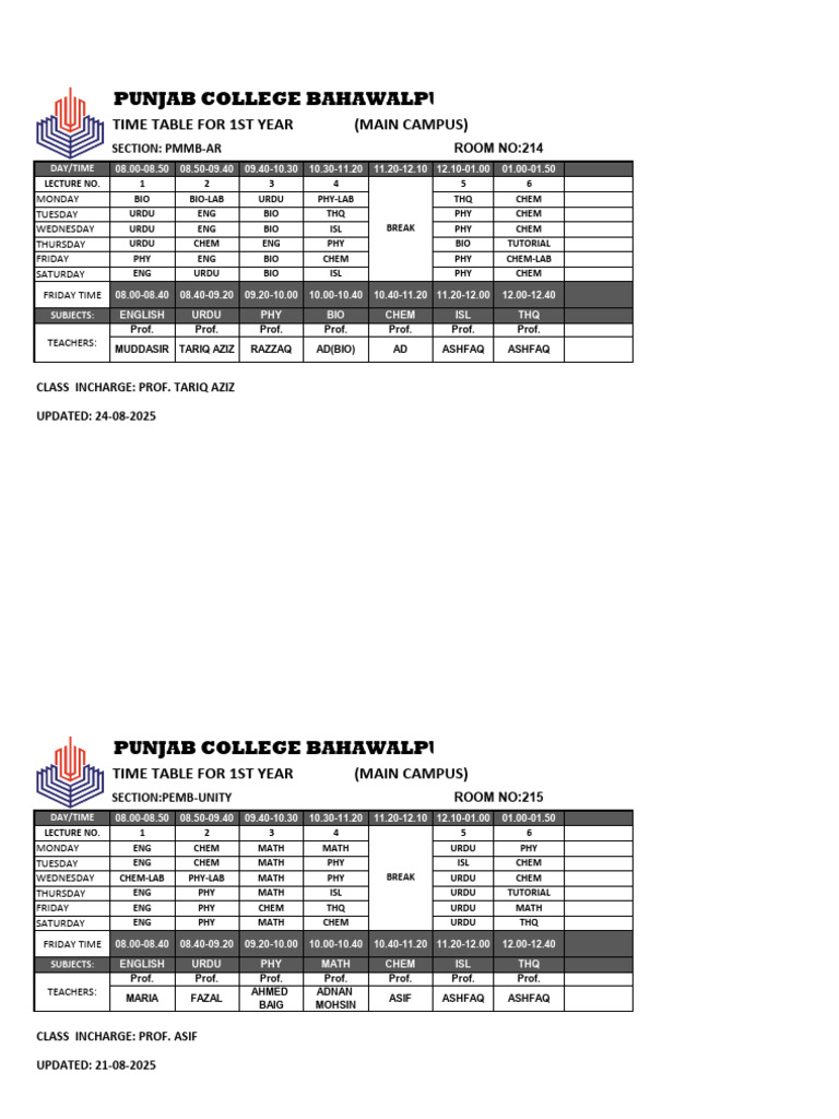 1st Year Timetable - Punjab College | PDF | Urdu