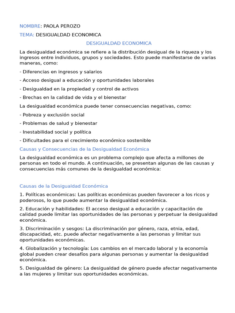 Causas y Consecuencias de la Desigualdad Económica | PDF | Desigualdad ...