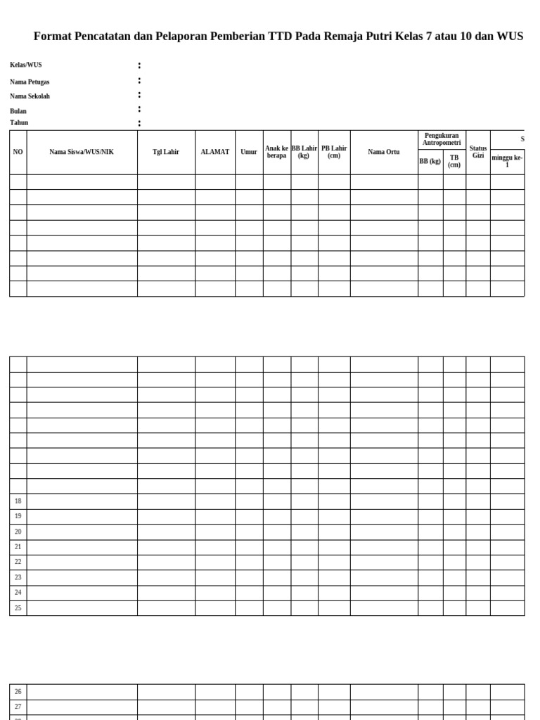 Format Pelaporan TTD Remaja Putri | PDF