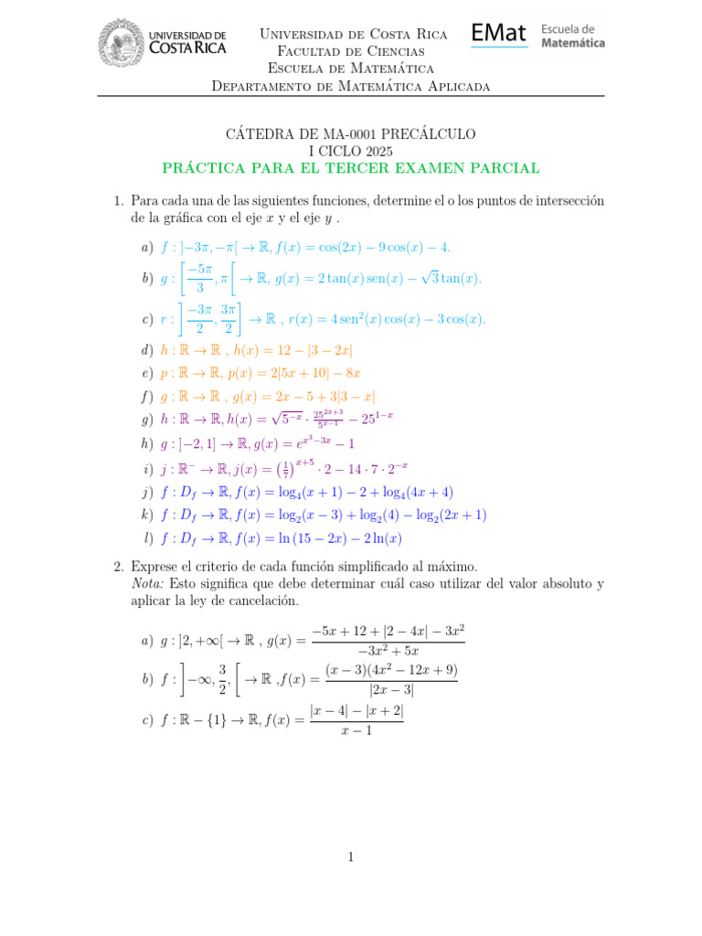 Práctica de Precálculo UCR 2025 | PDF | Matemáticas | Análisis matemático