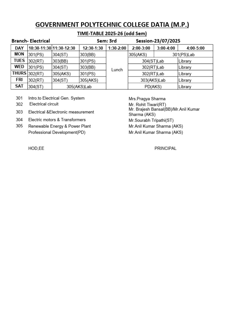 Electrical Engineering Timetable 2025-26 | PDF