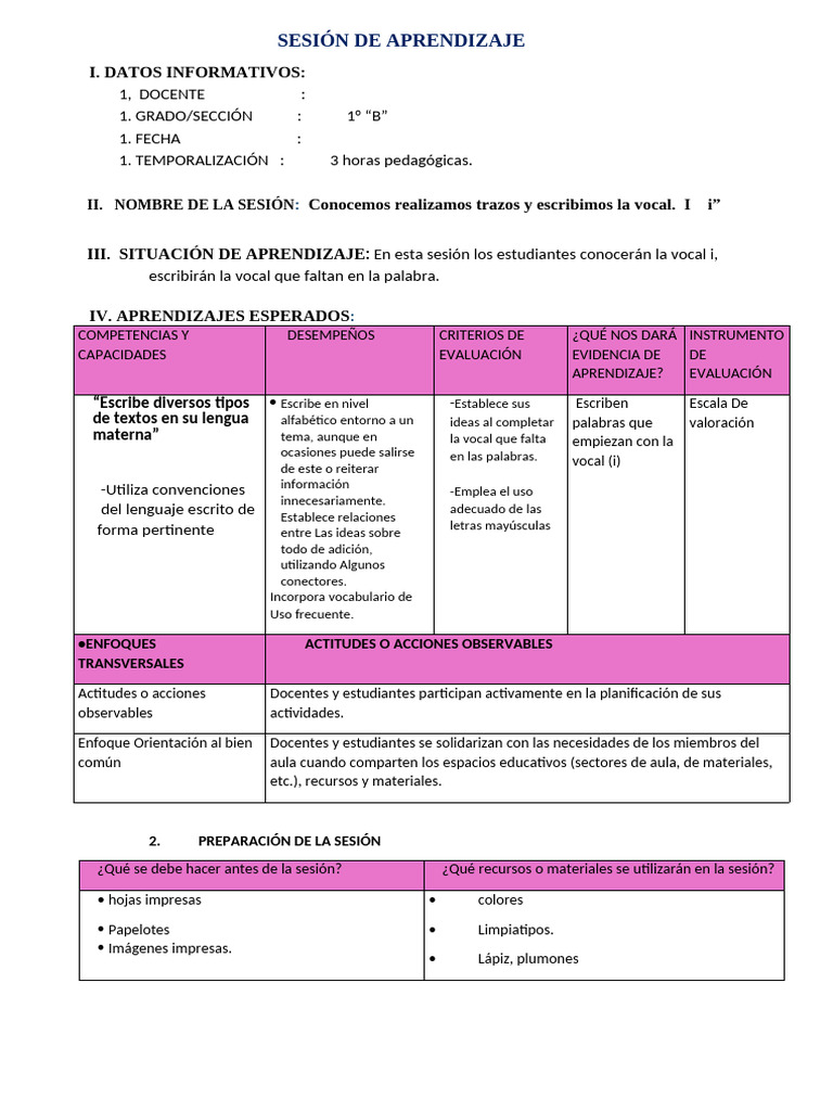 Aprendizaje de la Vocal I en 1° B | PDF | Evaluación | Enseñando