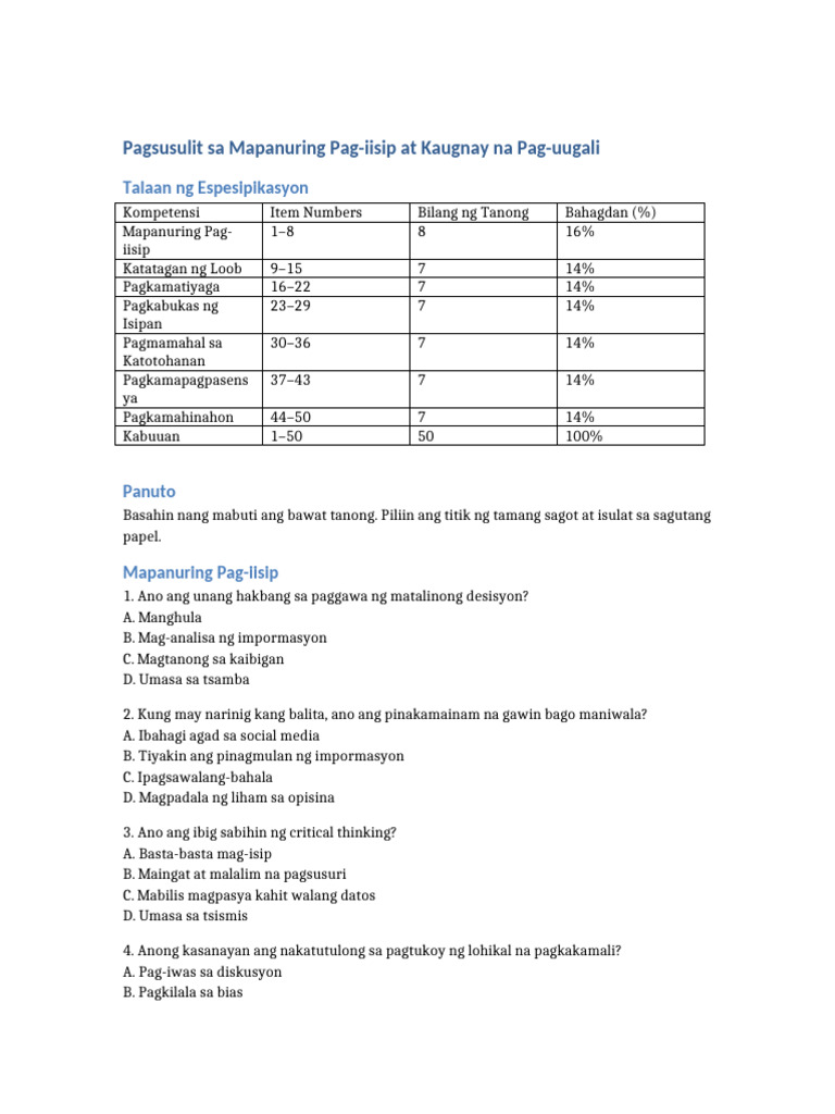 Pagsusulit Mapanuring Pag Iisip Complete With Parts | PDF