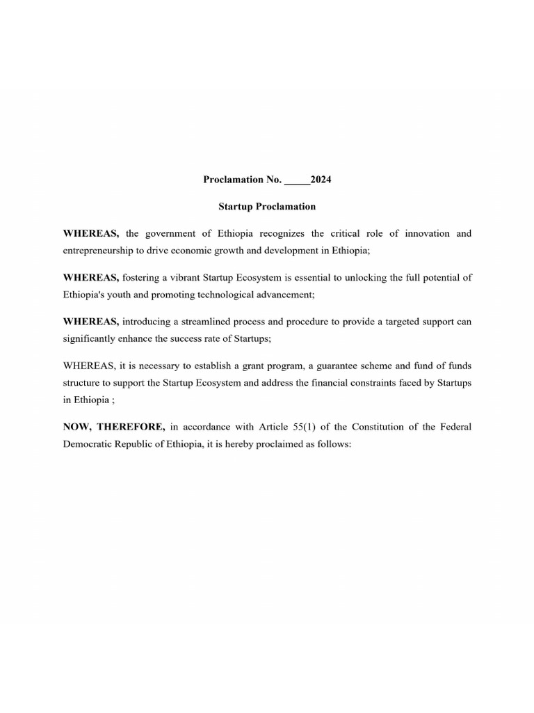Startup Proclamation Draft - Ethiopia | PDF
