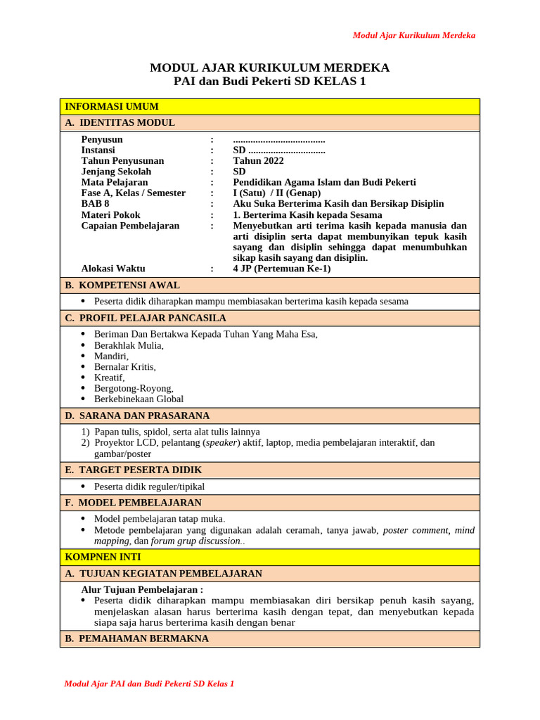 Modul Ajar PAI Kelas 1 SD Merdeka | PDF