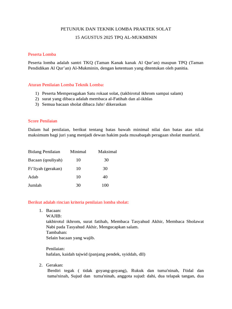 Panduan Lomba Praktik Sholat TPQ 2025 | PDF