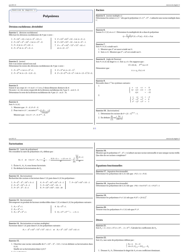 Exercices de Polynômes - Chapitre 11 PCSI | PDF | Zéro d'une fonction ...