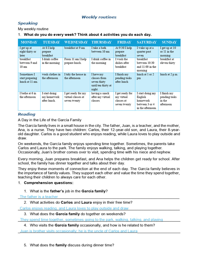 Weekly Family Routines and Activities | PDF | Verb | Lunch