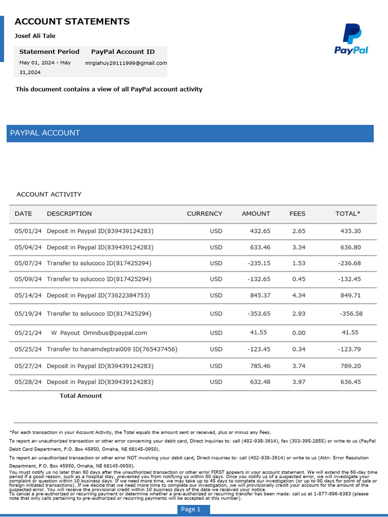 PayPal Account Activity Statement May 2024 | PDF | Pay Pal | Debit Card