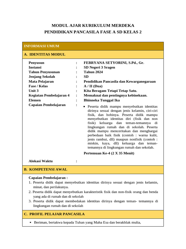 Modul Ajar Pendidikan Pancasila SD Kelas 2 | PDF