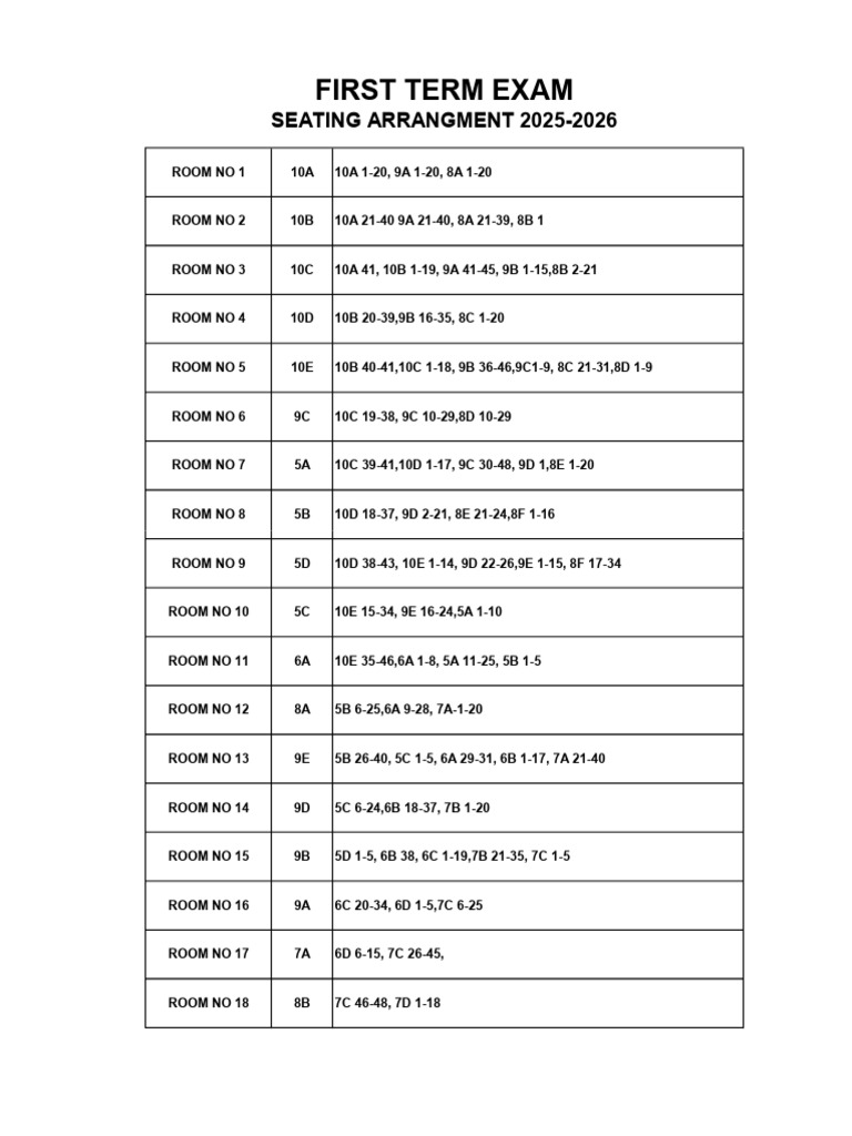 2025-2026 First Term Exam Seating Plan | PDF