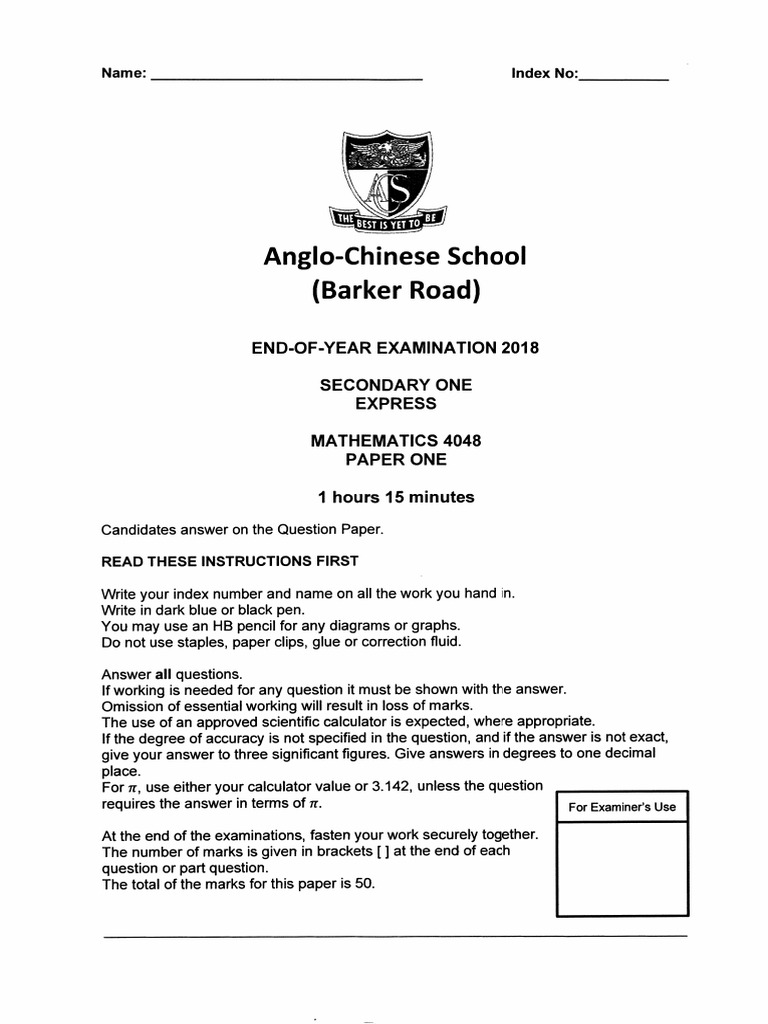 01 2018 Sec1 Math SA2 ACS Barker Road | PDF | Area | Interest