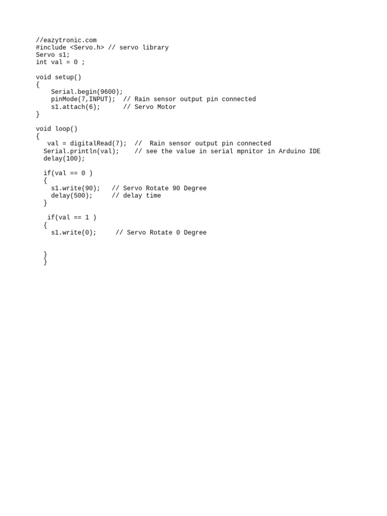 Arduino Rain Sensor Servo Control | PDF