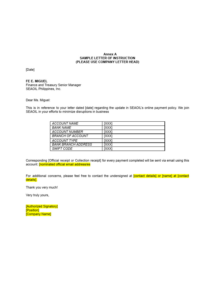 Sample Payment Instruction Letter | PDF