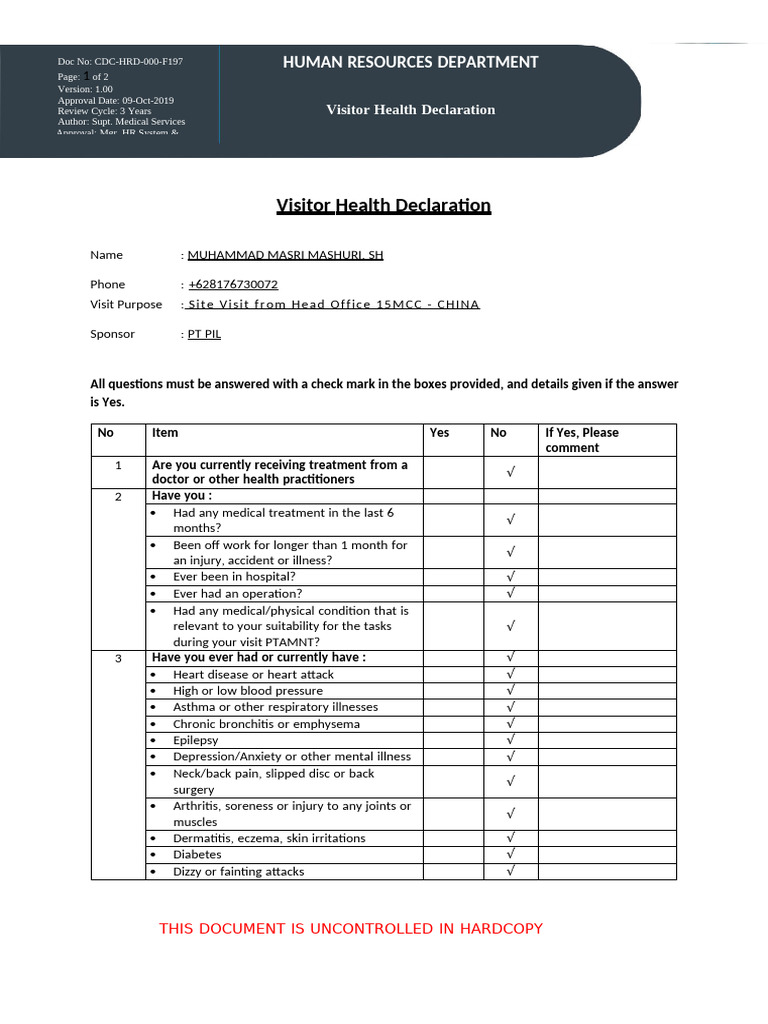 Visitor Health Declaration Form | PDF | Dermatitis | Chronic Condition