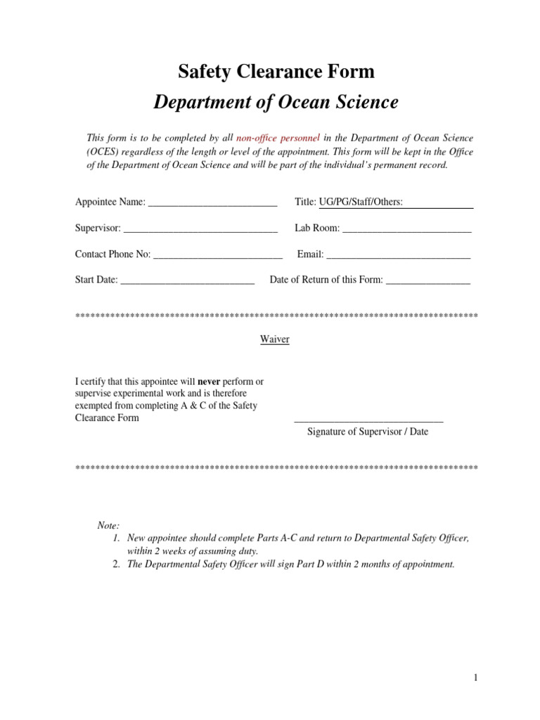 Ocean Science Safety Clearance Form | PDF | Laboratories | Safety