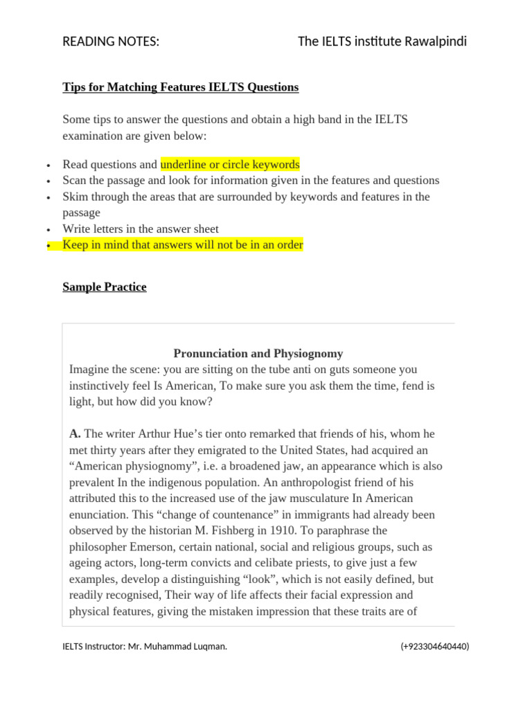 Tips For Matching Features IELTS Questions | PDF | Physiognomy | Phoneme