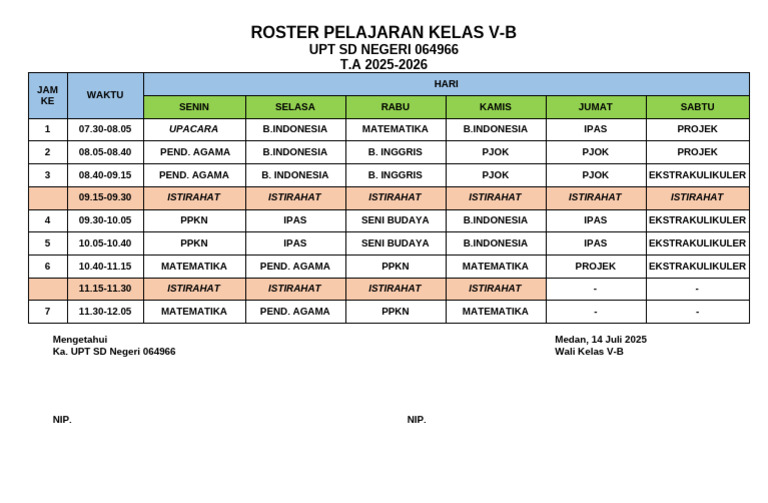 Roster Pelajaran Kelas V-B 2025-2026 | PDF