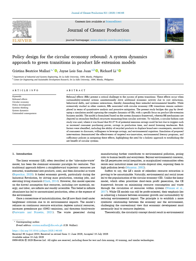 1 s2.0 S095965262501515X Main | PDF | Simulation | Life Cycle Assessment