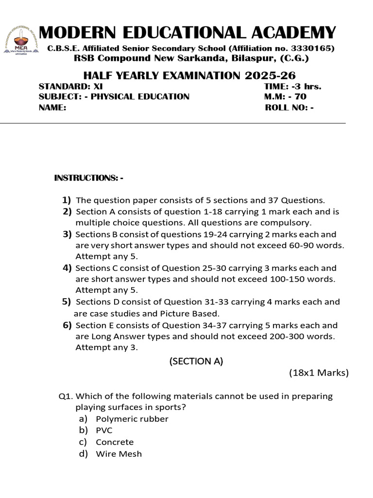 Class 11 Physical Education Half Yearly Exam | PDF | Asana