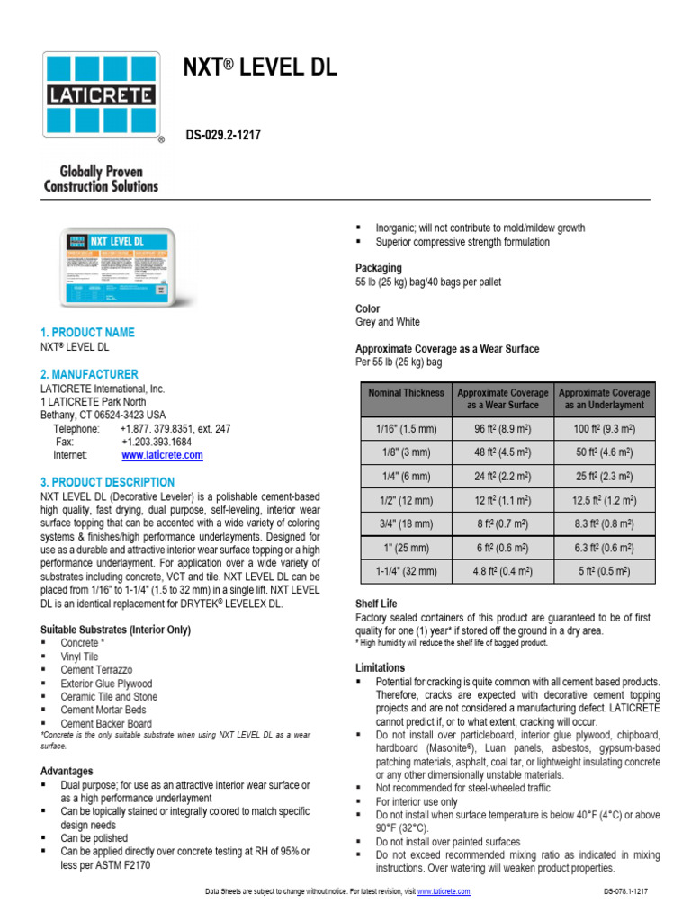 LATICRETE NXT LEVEL DL Overview | PDF | Concrete | Adhesive