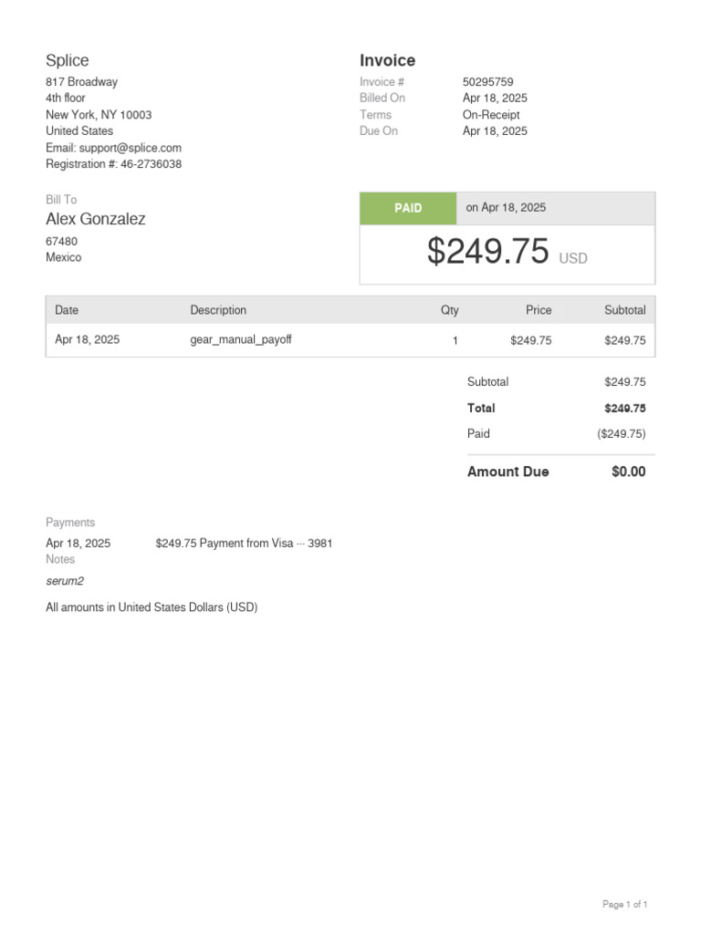Splice Invoice #50295759 Summary | PDF