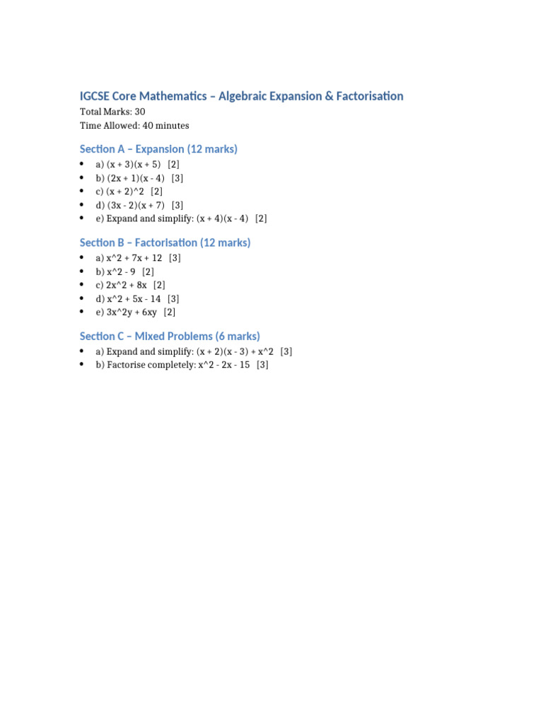 IGCSE Algebra Expansion & Factorisation | PDF