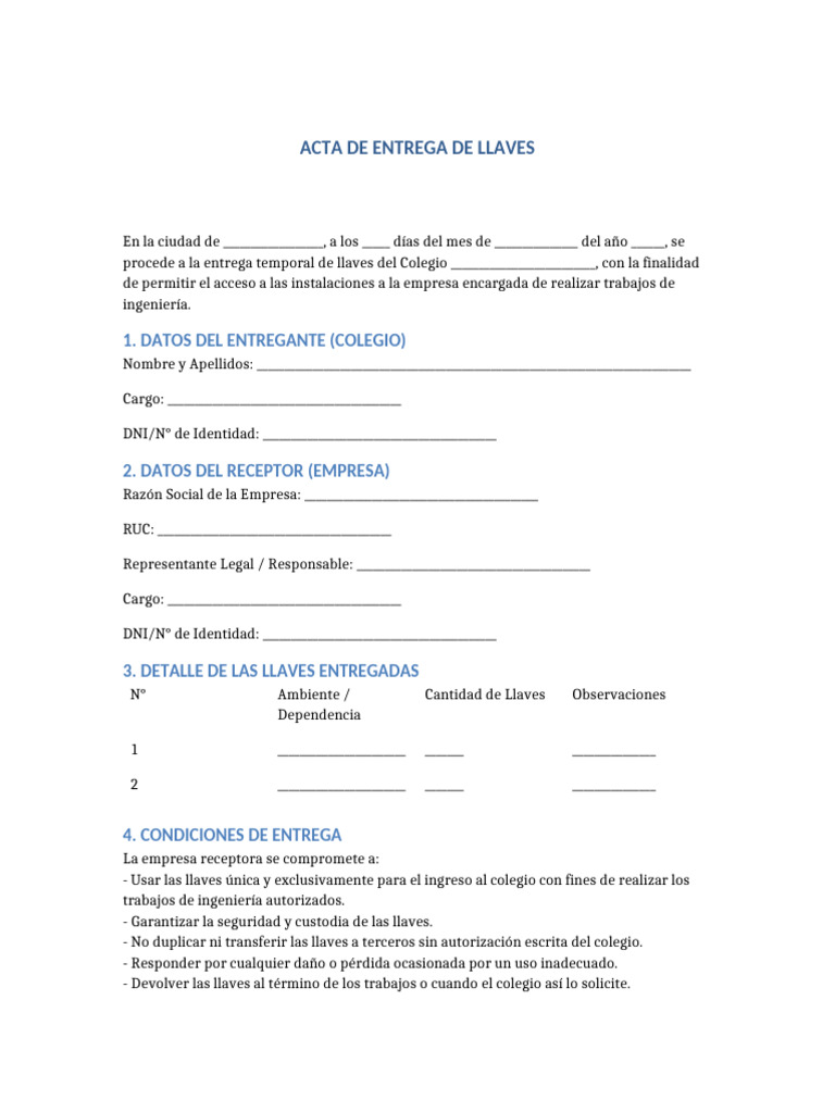 Acta Entrega Llaves | PDF