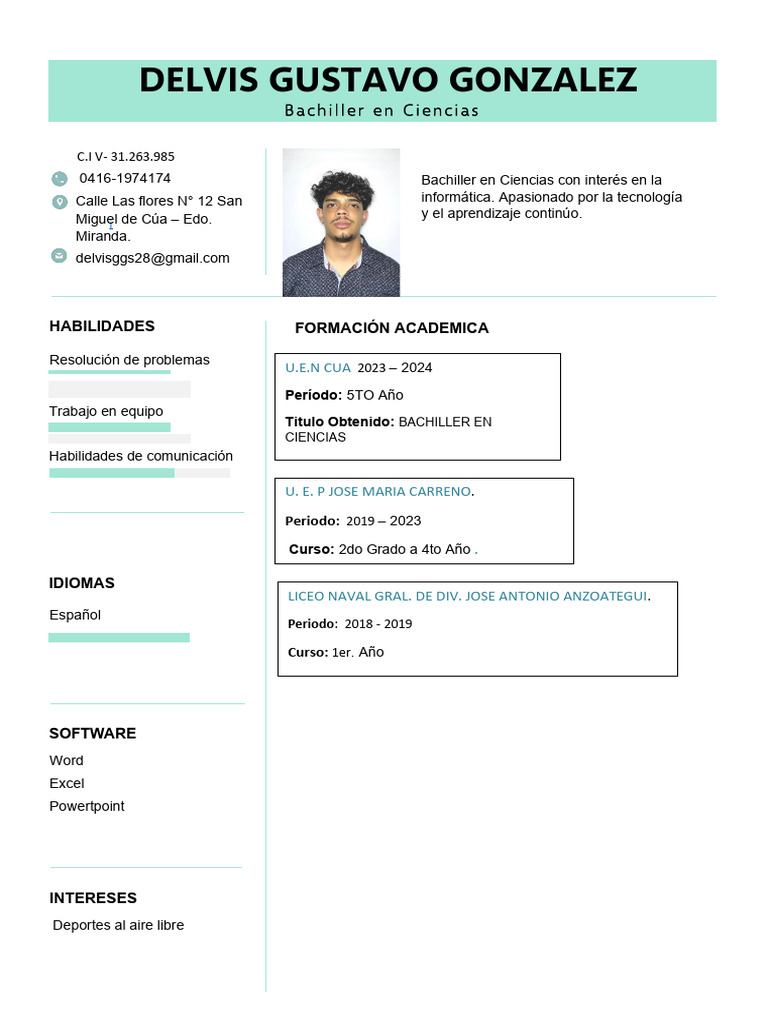 Currículum de Delvis González, Bachiller en Ciencias | PDF