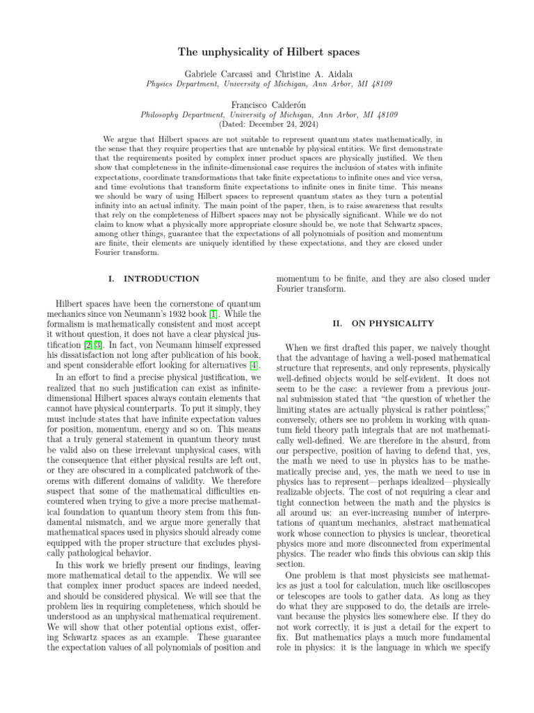 Unphysicality of Hilbert Spaces | PDF | Hilbert Space | Mathematics