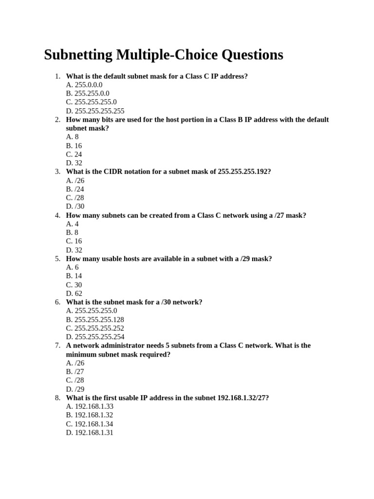 Subnetting MCQs for Network Admins | PDF | Ip Address | Networks