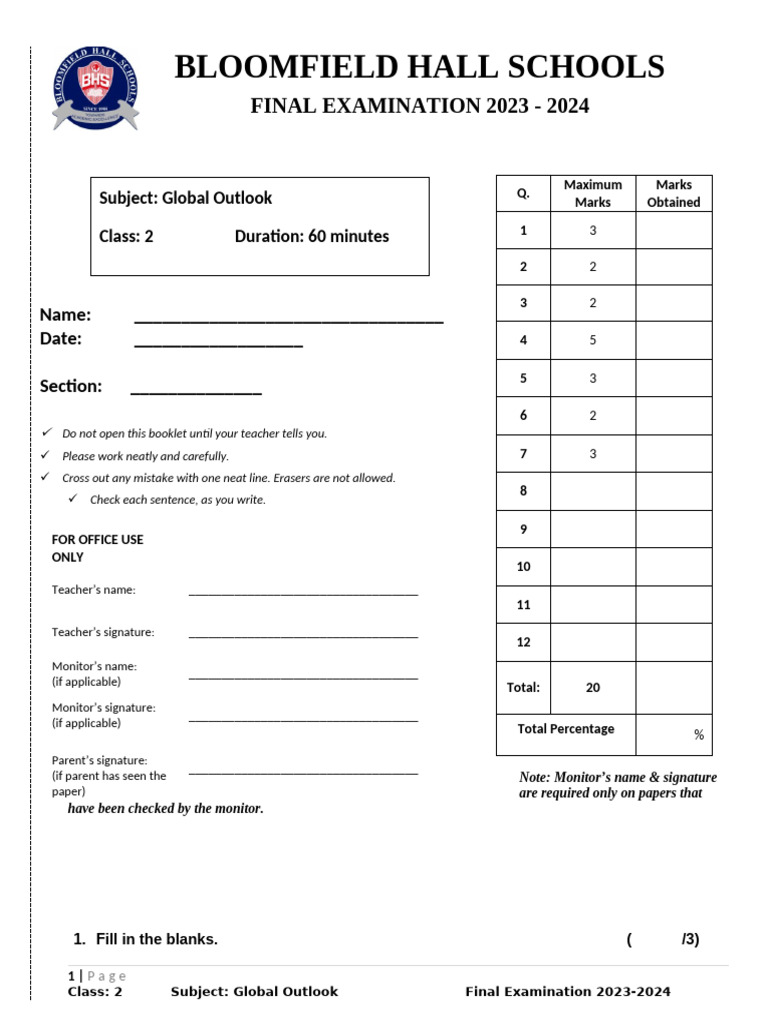 Class 2 Science Question Paper Final Term 2023-2024 | PDF