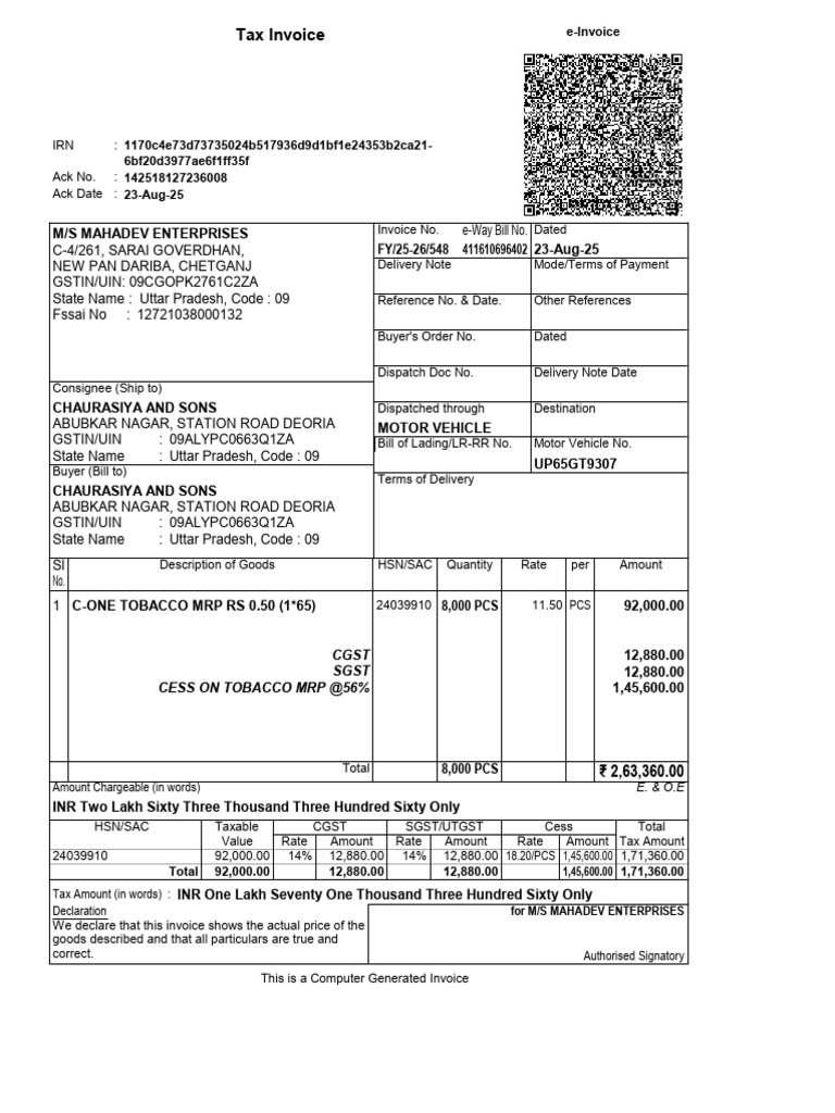 Tax Invoice for C-ONE Tobacco Sale | PDF | Public Finance | Taxation