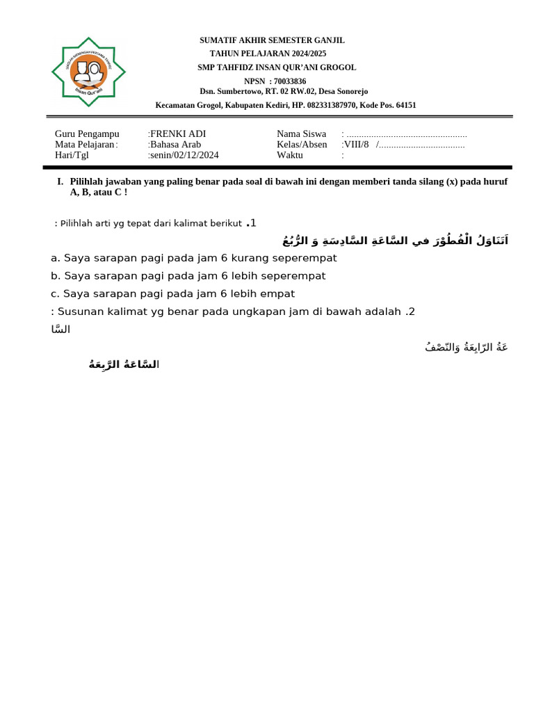 Ujian Bahasa Arab Kelas VIII SMP 2024 | PDF