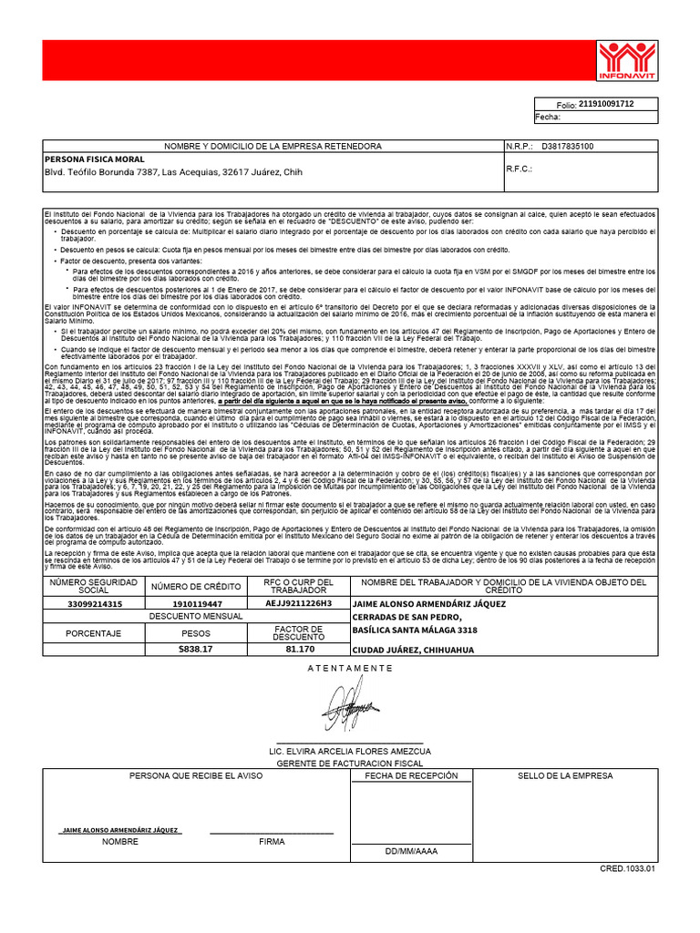 Aviso de Retención de Descuentos INFONAVIT | PDF | Salario mínimo