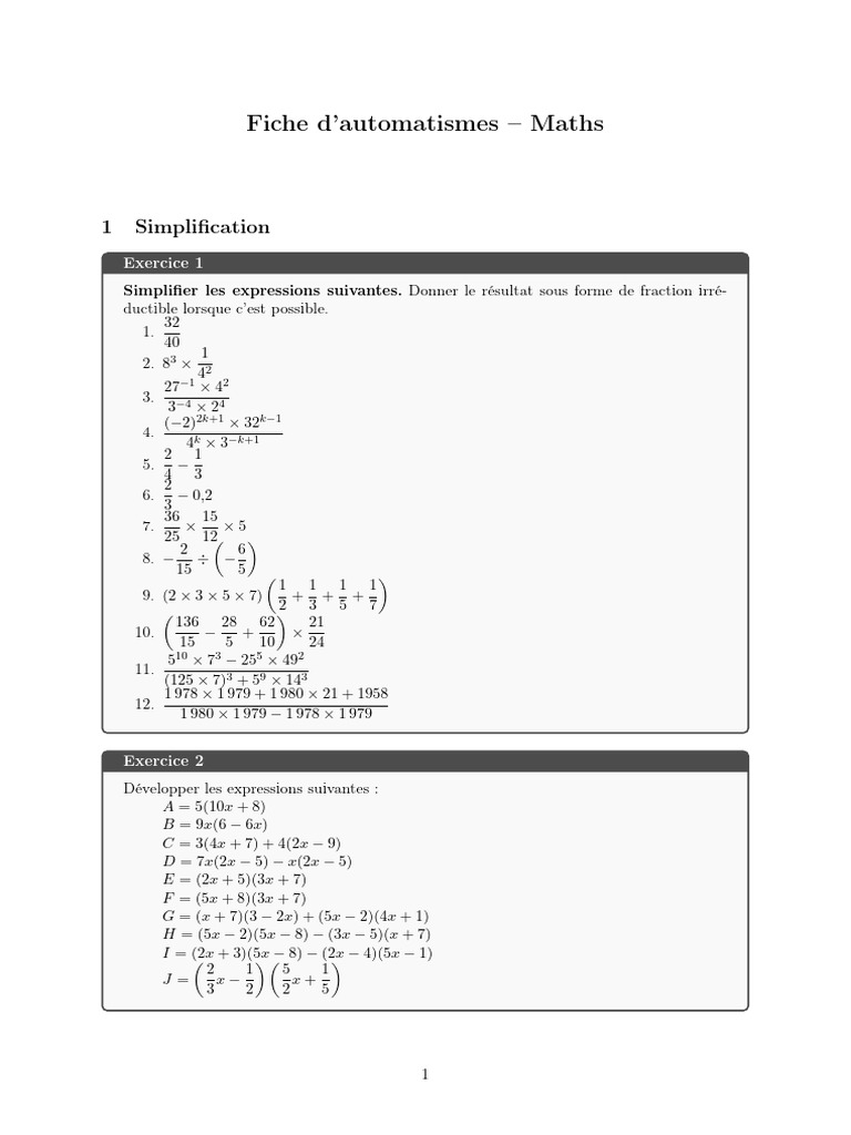 Fiche d'exercices d'automatismes en maths | PDF | Mathématiques